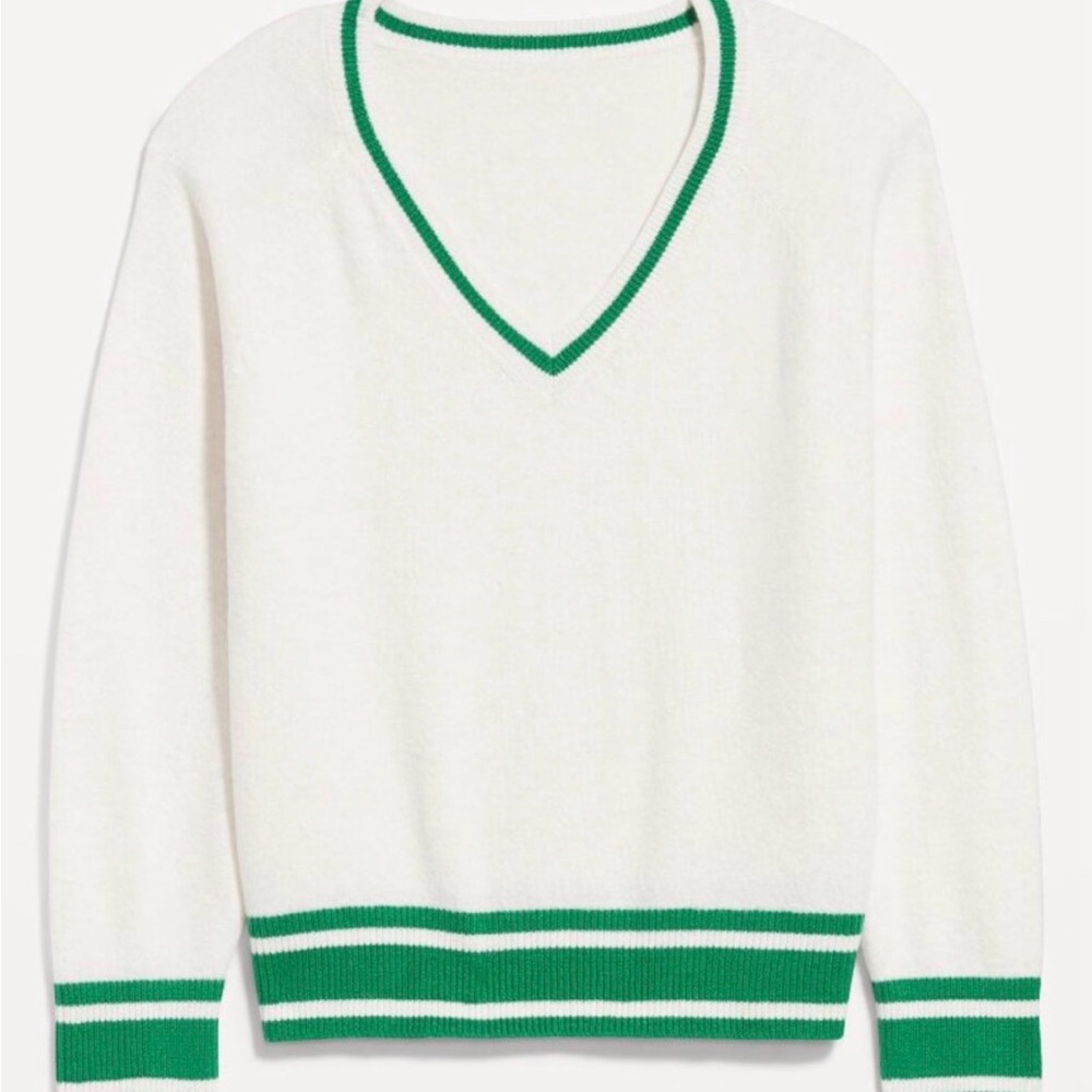 NWT Old Navy SoSoft White V-Neck Varsity Sweater, Green Trim, Still in packaging